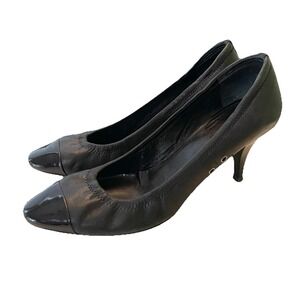 Prada Vintage Black Scrunch Round Cap Toe Ballet Pumps Heels Leather Size 39.5